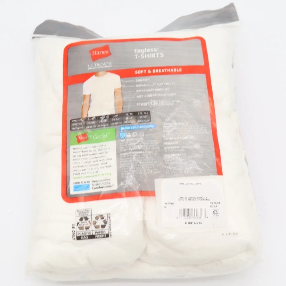 Hanes T-Shirts Mens Medium Ultimate Tagless 6-Pack White Crew Neck NEW